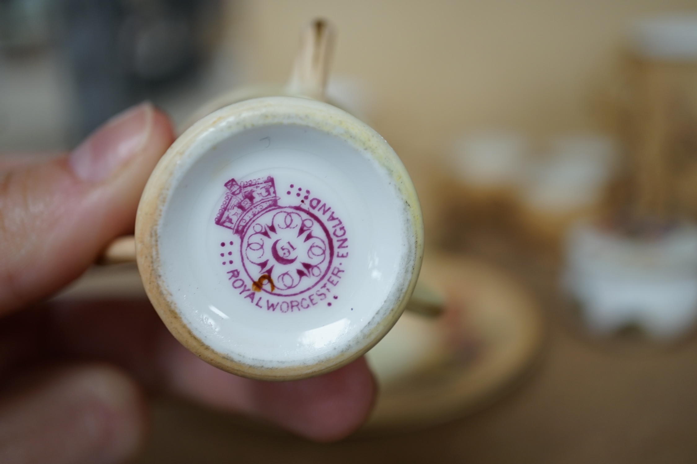 A group of Royal Worcester etc. miniatures including blush ivory tygs and a miniature fruit painted pot and cover, largest 6cm high (8). Condition - mostly fair